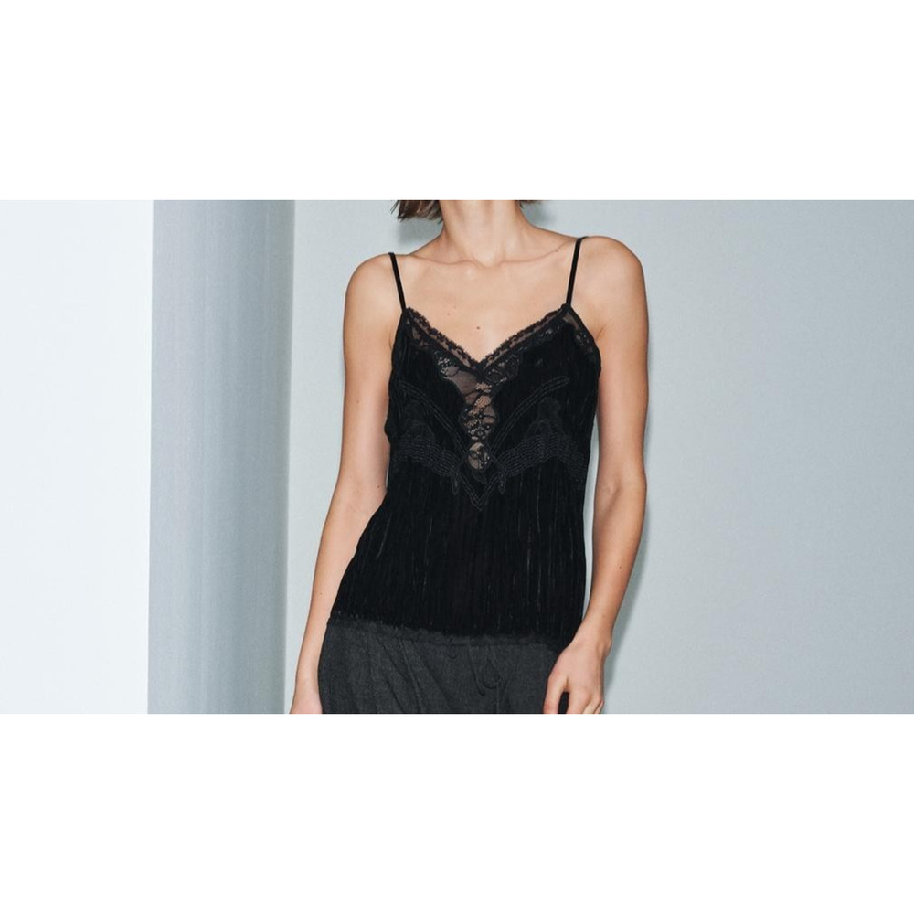 ZARA Black Velvet Lace Spaghetti Strap Tank Sz Medium 7521/293 Whimsigoth